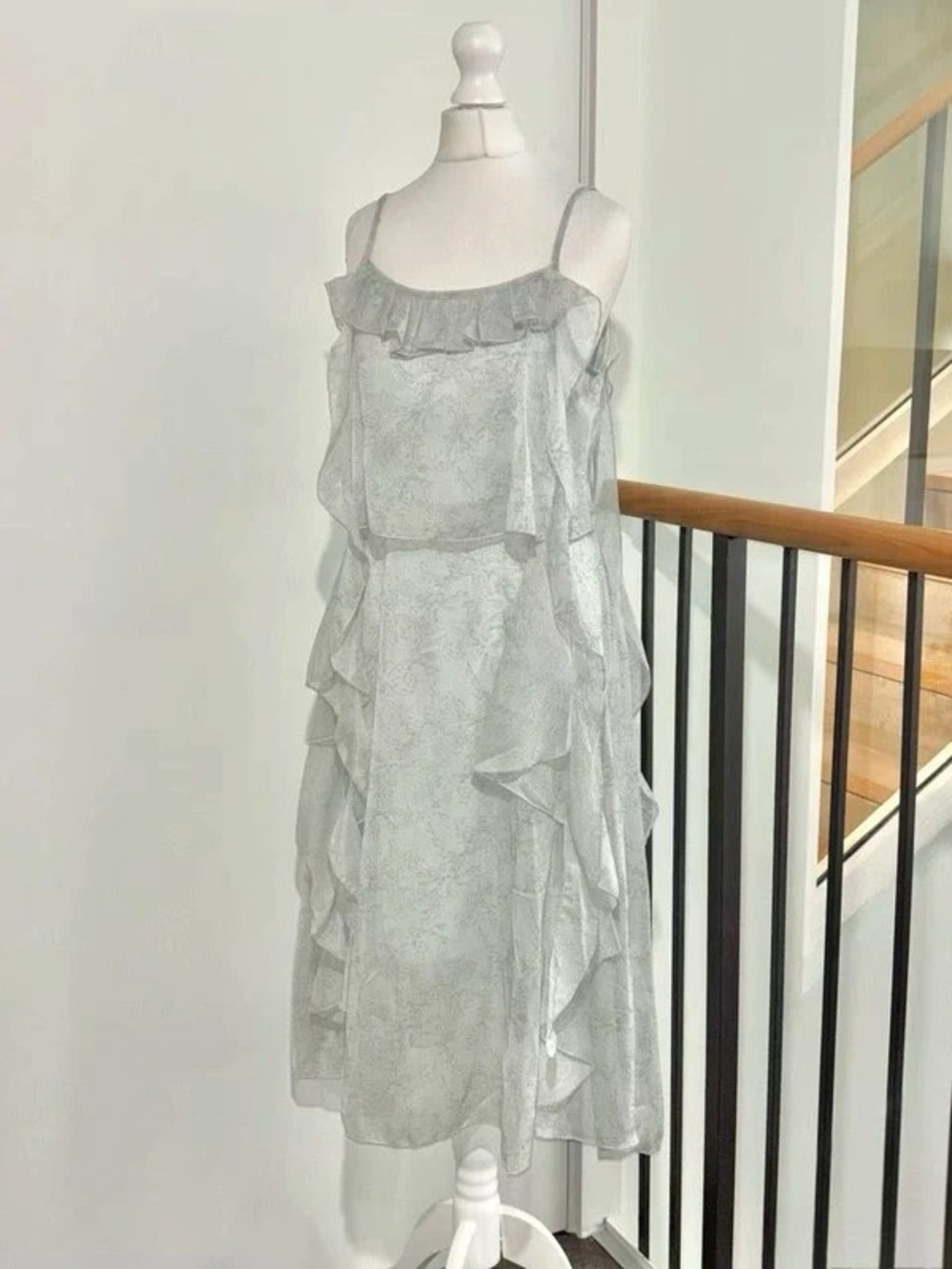 Light Silver Ruffle-Tier Maxi Dress with Spaghetti Straps